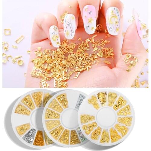 3D Metal Nail Art Studs Decoration Mixed Shape Star&Moon&Beads&Geometry Hollow Gold Stud Tips DIY Nail Art Tools Charm Stickers