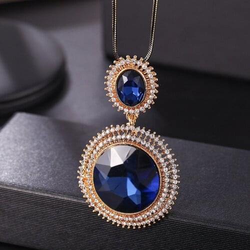 Luxury Crystal Long Necklace Women Jewelry Vintage Round Rhinestones Geometric Sweater Chain Necklaces Pendants Collares Mujer