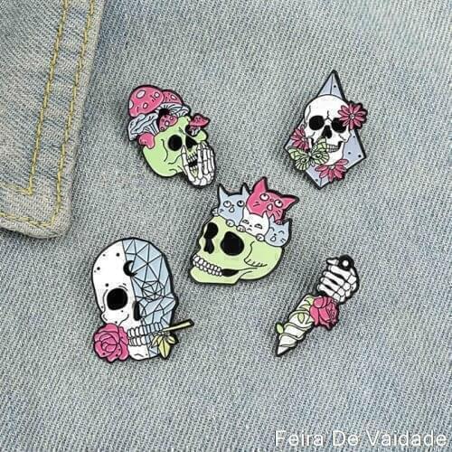 Rose Skull Dagger Enamel Pin Custom Exaggeration Mushroom Badge Brooch Lapel Pins Shirt Punk Gothic Cat Jewelry Gift For Friends