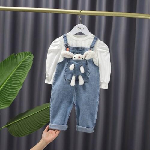 Spring Cowboy Baby Grils Long Sleeve T-shirt Tops+cute Rabbit Jeans Overall Pants Child Princess 2pcs Sets Kids