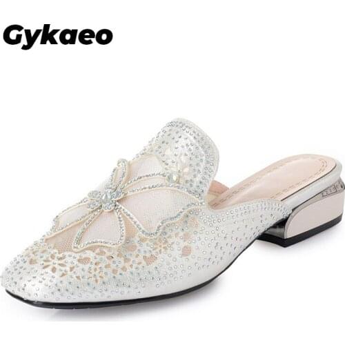 Gykaeo 2021 New Round Head Mesh Rhinestone Shoes Summer Womens Slipper Comfortable Low Heel Fashion Slippers Women Sandals