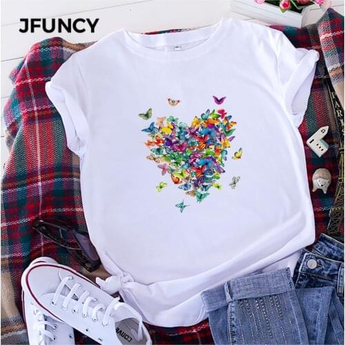 JFUNCY Women Summer T-shirt Woman Short Sleeve Tops Butterfly Heart Print Tshirt Plus Size Casual Loose Female Cotton Tees
