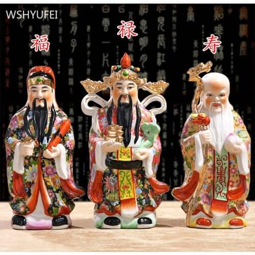 Chinese Ceramics Fu Lu Shou Samsung Sculpture Ornaments Living Room Wine Cabinet Feng Shui Decorations Shop Lucky Decor Crafts