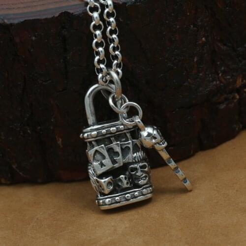 Handmade 925 Silver Lock Skull Pendant vintage thai silver skull Key pendant man Puck pendant