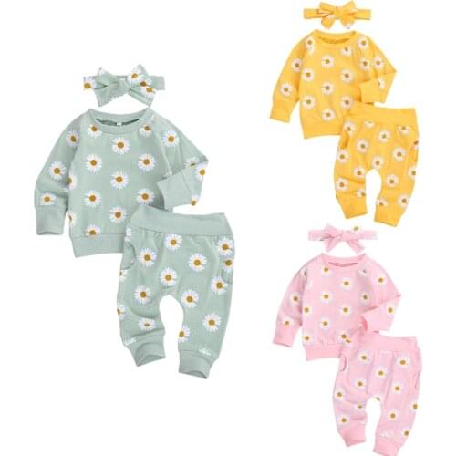 0-24M Toddler Newborn Infant Baby Girl Autumn Clothing Set Daisy Printed Cotton Top Long pants 2Pcs Outfits 3Colors