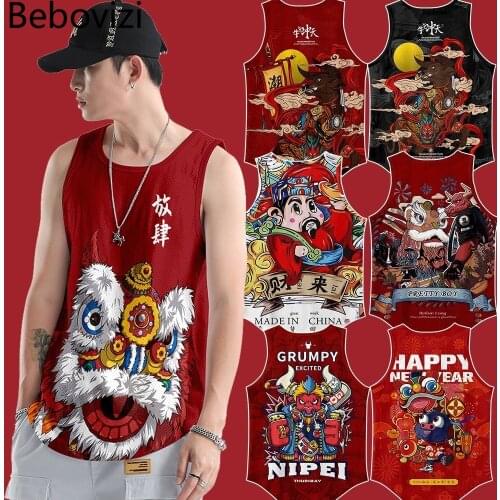 Bebovizi Hip Hop Men Tank Tops Fashion Sleeveless Shirt Japanese Style Print Sportswear Vest Casual Singlet Plus Size Mesh Tops
