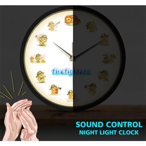 Fire Fighter Hero Sound Activated Wall Clock Bear Fireman With Rescue Equipment Home Decor Firefighter Cartoon LED Light