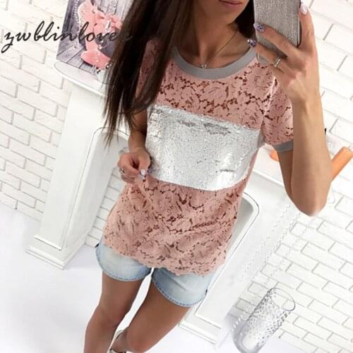 New Womens Summer T-shirt Casual Short Sleeve O-neck Lace Hollow Out Sequined Patchwork Tops Tees 2C0080