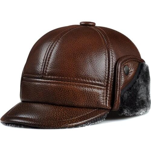 The new winter hat leather hat man pure leather Claus hat warm hat cap ear middle ear cap Three Color high quality Rain Protect