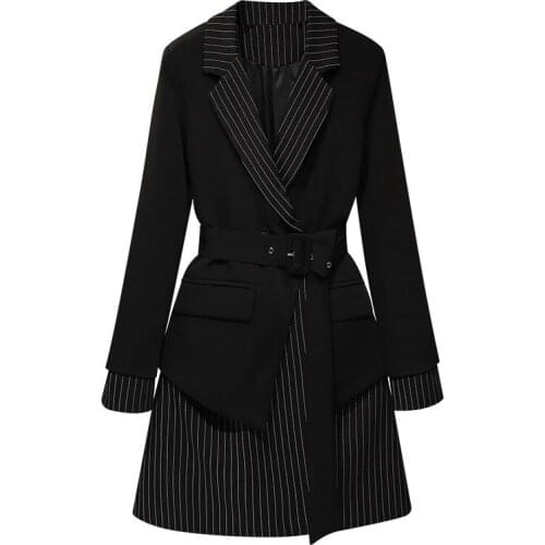 V-neck Collar Long Sleeve High Waist Temperament Patchwork Suit Dress With Belt High Street Style 2021 Spring Z130