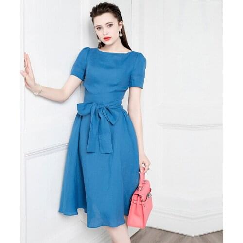High End Celebrity Hepburn Dress Summer New Retro Style Linen Lady French Dress