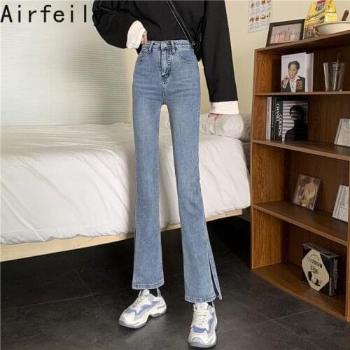 Women Spring Autumn Pants Casual New Korean Female Simple Slim Split Commute High Waist Jeans Solid Black Blue Long Jeans Pants