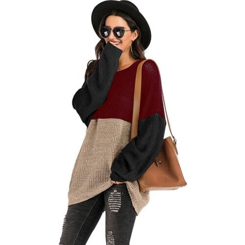 Woman Large Size Sweater Loose Spring Fall Clothes For Ladies Color Block Knitted O Neck Long Pullover Jumper Oversized Knitwear