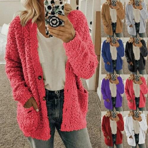 Plush Coat Women Autumn Winter Casual Long Sleeve Button Faux Fur Jacket Plus Size Soft Warm Overcoat Femme Pocket Teddy Outwear