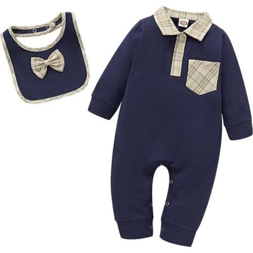 Spring 2Pcs Newborn Unisex Baby Clothing Outfits Cotton Boys Girls Bib+Long Sleeve Romper Autumn Plaid Clothes Sunsuits 0-18M