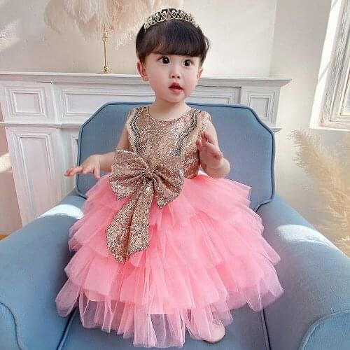 2021 Summer Dresses New Hot Sale Girls Birthday 1 Year Old Dress Baby Bow Sequin Princess Dress Girl Tutu Pink Dress 0-5 Years