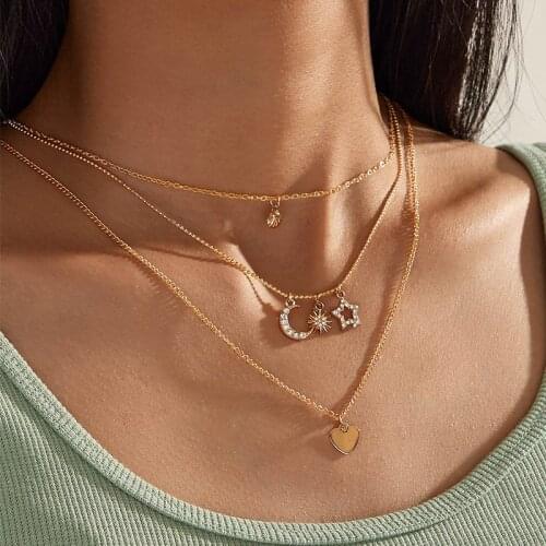 3 Pcs/Set Exquisite Women Necklaces Set Fashion Shell Star Moon Heart Crystal Pendant Gold Necklace Simple Party Jewelry Gift