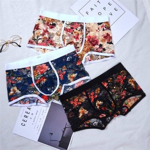 3PCS Sexy Lace Boxer Men Underwear Boxers Underpants Transparent Hombre Male Calzoncillo Cueca Masculina Boxershorts Size M-2X