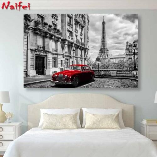 5d diy Diamond Painting Full Square red retro car in Paris Landscape Home Decoration Mosaic Embroidery Diamond Art