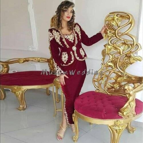 Burgundy Algerian Gold Lace Evening Dresses With Jacket Long Sleeves Short Prom Gowns Two Pieces Arabic Dubai Evening Dress 2020