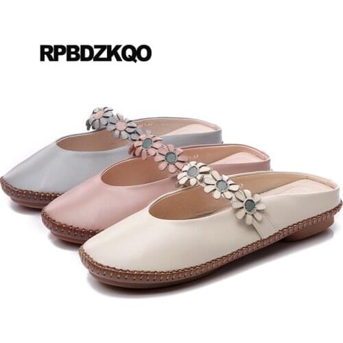 Floral Grey Mules Slippers Flower Ethnic Large Size Flats Ladies Traditional Chinese Shoe Genuine Leather Handmade Sandals Women