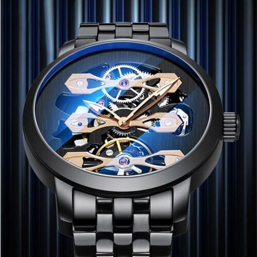 AILANG Creative Design Mechanical Watch Hollow Flywheel Fashion Automatic Watches Mens Waterproof Full Steel Skeleton Watch Man
