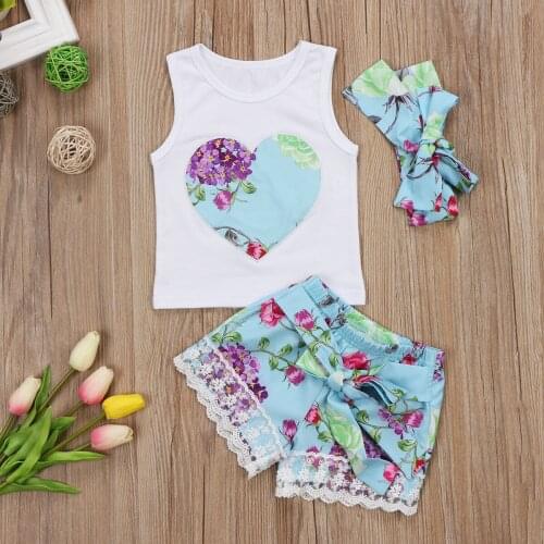 Toddler Baby Kids Girls Lace Floral Sleeveless Outfits Vest Top Shirt Pants Shorts Clothes Outfits