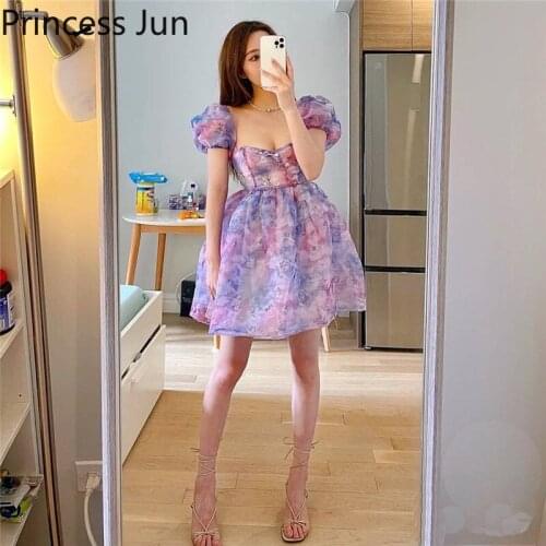 French Palace Fantasy Princess Mini Dress Sweet Girl Square Collar Purple Puffy Dress Summer Holiday Puff Sleeve Party Dress