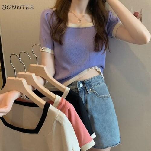 Short Sleeve T-shirts Women Summer Knitted Patchwork Simple 5 Colors Soft Fashion Ulzzang New Student Streetwear Tops All-match