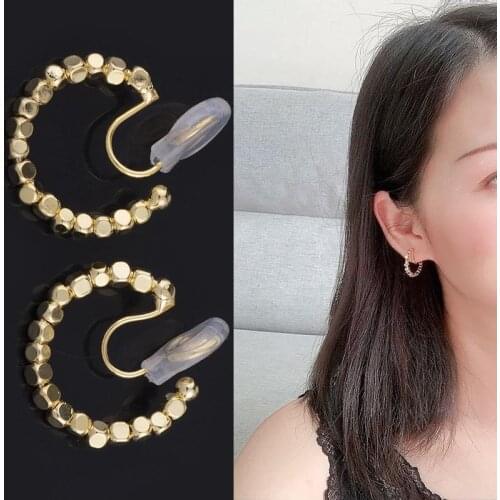 GRACE JUN New Golden Color Bead C Shape Clip on Hoop Earrings Non Pierced Cute Earrings for Women Fashion Trend Jewelry Ear Clip