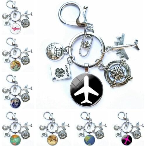 Tour around World Airplane Map Keychain Travel Discovery Discover Glass Dome Cabachon Airplane Map Charm Pendant Keychain Gift