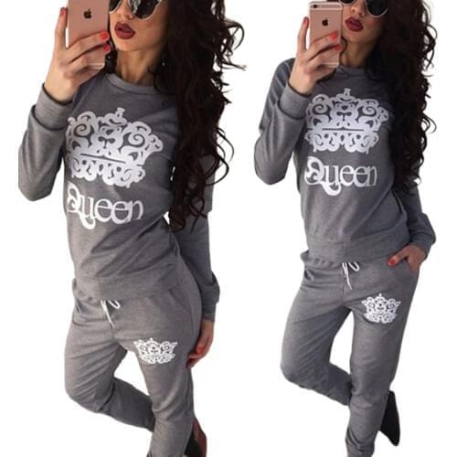 XUANCOOL Tracksuit Women Two Piece Set Fleece Long Sleeve QUEEN Letter Sweatshirt+Long Pants Outfits Jogging Femme Chandal Mujer
