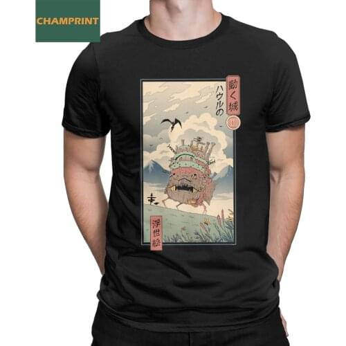 Vintage Howls Moving Castle Ukiyo-E T-Shirt Men O Neck Cotton T Shirts Studio Ghibli Short Sleeve Tee Shirt Gift Idea Clothing