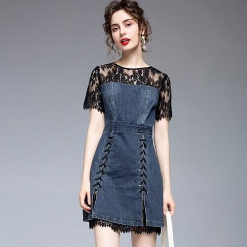 New Denim Dress Women Spring Summer 2021 Fashion Elegant O-Neck Empire Waist Short Sleeve Lace Patchwork Slim Dress