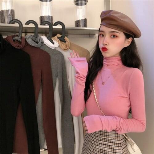 Autumn Turtleneck T Shirt Women New T-shirts Women 2020 Vogue Vintage Chic Tshirts Knitted Cotton Women Long Sleeve Tops