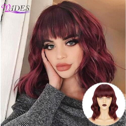 Short Synthetic Red Wigs With Bangs For Women Available Water Wave Wigs Heat Resistant Fiber Female Daily False Hair BY164