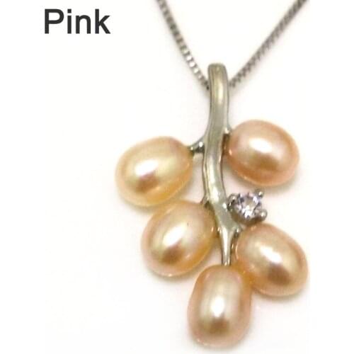 18 inches Grape Style 6-7mm Natural Pink Rice Pearl 925 Sterling Silver Pendent Necklace with Zirconia