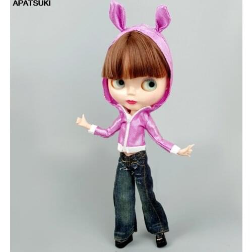 Purple Rabbit Ear Hoodie Zipper Coat For Blythe Doll Clothes Jacket Cosplay Costume 1/6 Dolls Accessories Kids Toys