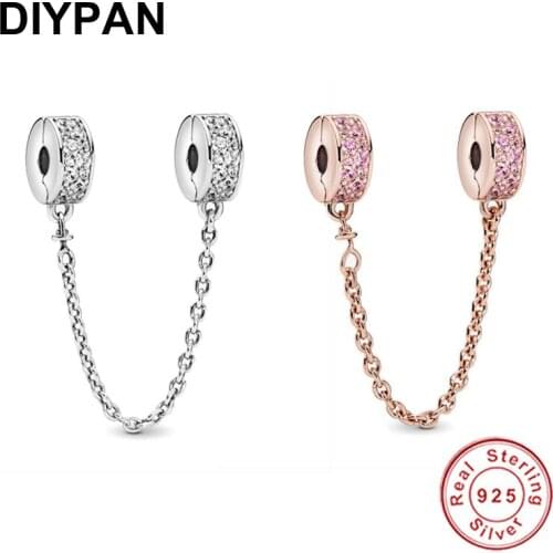 Fit Pandora Original Bracelet Charm 925 Silver Pave Clip Charm Safety Chain Pendant Bangle Women DIY Jewelry Berloque