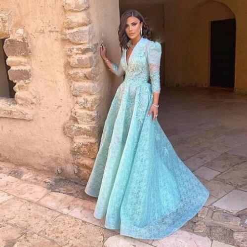 Vintage Deep V Neckline Prom Dresses Custom Sky Blue Beaded 34 Sleeve Evening Dress Lace Backless Long 2021 Robe De Soiree