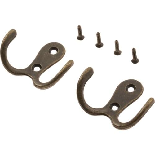 2Pcs Pot Hanger Hooks Handbag Bag Hanger Hooks Wall Door Bath Double Prong Coat Hook Hanger 2 Holes Antique with Screws 55*41mm