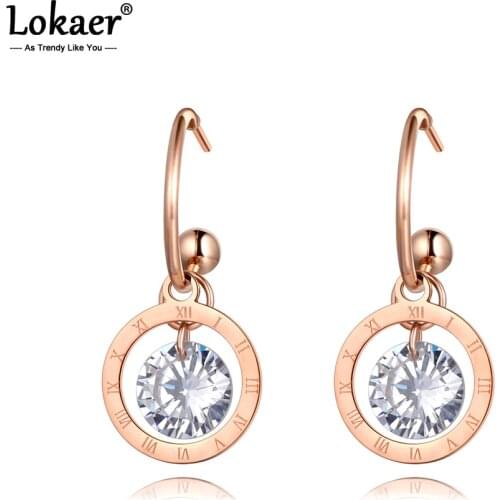 Lokaer Trendy Titanium Stainless Steel Roman Numerals Party Earrings For Women Girl Rose Gold CZ Crystal Earrings Jewelry E20066