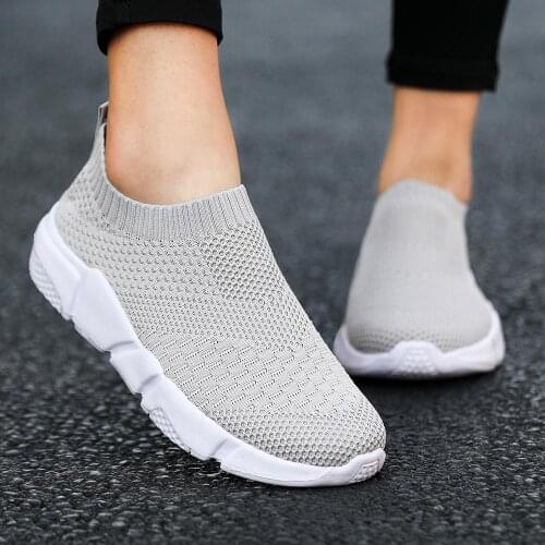 Plus Size Mesh Slip on Sock Sneakers for Women Summer Sports Shoes Womens Sport Shoes Running Woman Gray Knitting Knit GMB-2027