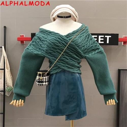 ALPHALMODA Autumn 2019 New Stylish Twisted Pullover Sweaters Crossed Over V-neck Bat-Sleeve Slim Ladies Fashion Jumper