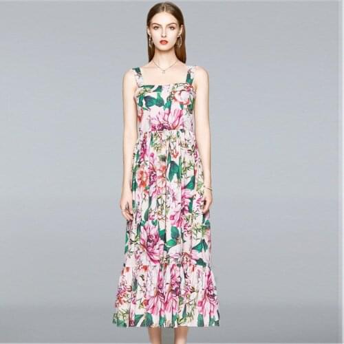 Runway Designer Spaghetti Strap Dress Women Elegant Floral Print Vacation A Line Dresses Ladies Beach Maxi Dress 2021 Summer