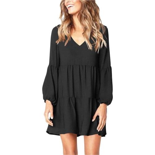 Puff Sleeves Fashion Women Solid V-neck Lantern Long Sleeve Flowy Swing Shift Loose Dress Solid Color Sukienka Above Knee Robe