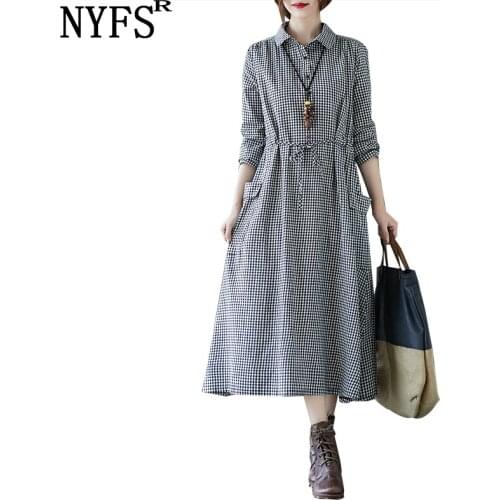 NYFS 2021 New Spring Autumn dress Loose Vintage Plaid Woman Dress Vestido de mujer Robe Elbise Fashion Shirt dress