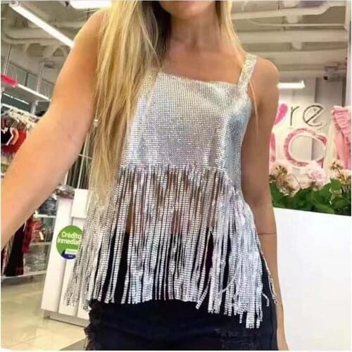 2019 Metal Mesh Women Tank Top Sexy Tassel top women Club Party Shiny Gltter Backless Top