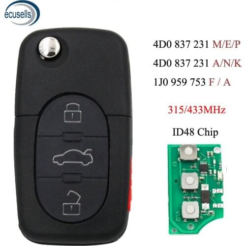 3 Button Folding Remote Key Control Fob For Audi For A3 A4 A6 Old Model 433.92Mhz With ID48 Chip 4DO 837 231 N/K/A 1J0 959 753 B