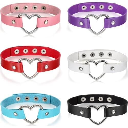 BONISKISS Adjustable Leather Necklace Choker Metal Heart Punk Goth Emo Style